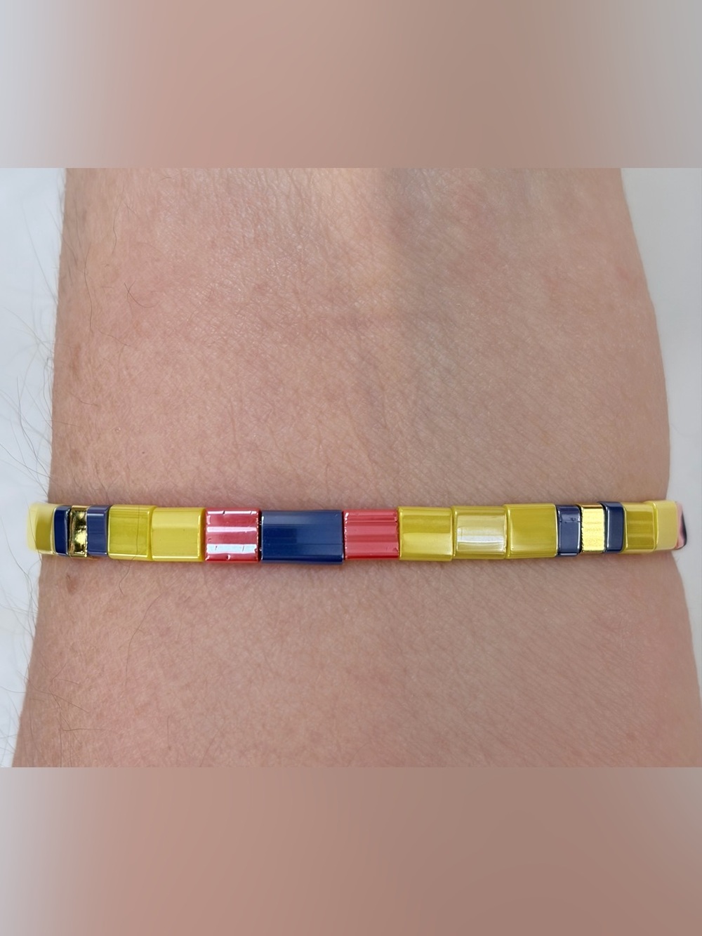 Tile beaded Bracelet in Yellow,Blue,Coral.Glass Tila flat beads.Elastic.7”.GIFT